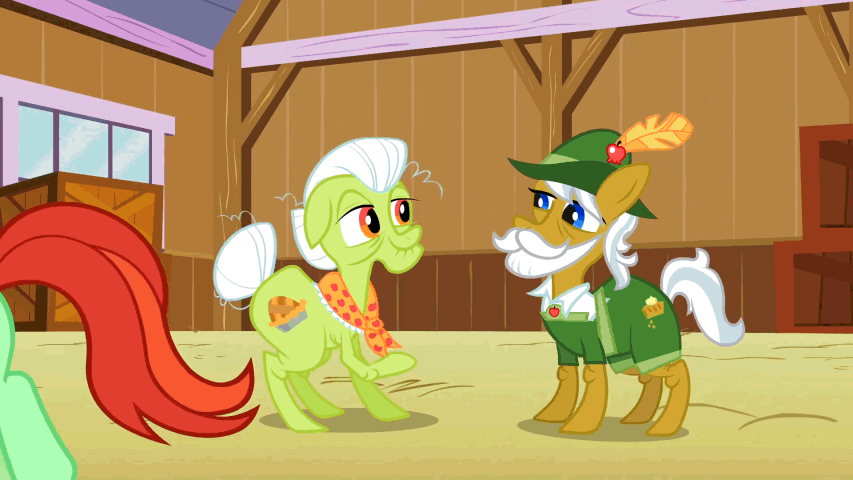 Size: 853x480 | Tagged: safe, screencap, character:apple fritter, character:apple strudel, character:applejack, character:candy apples, character:florina tart, character:granny smith, character:perfect pie, species:earth pony, species:pony, episode:apple family reunion, g4, my little pony: friendship is magic, animated, apple family member, background pony, dancing, gif