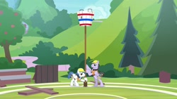 Size: 1920x1080 | Tagged: safe, screencap, species:pegasus, species:pony, episode:2-4-6 greaaat, background pony, basket, construction pony, duo, hard hat, hat, male, plank, stallion, tree, unnamed pony