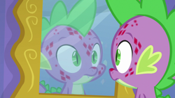 Size: 1280x720 | Tagged: safe, screencap, character:spike, species:dragon, episode:molt down, g4, my little pony: friendship is magic, male, mirror, molting, puberty, reflection, solo
