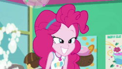 Size: 1920x1080 | Tagged: safe, screencap, character:fleur-de-lis, character:pinkie pie, character:wiz kid, episode:tip toppings, g4, my little pony:equestria girls, animated, background human, bandana, chair, cute, diapinkes, excited, female, frozen yogurt machine, frozen yogurt shop, geode of sugar bombs, hand up, looking at someone, magical geodes, pink hair, poster, raised hand, raspberry lilac, sign, sitting, smiling, sound, standing, talking, track starr, walking, webm, wiz kid