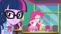 Size: 1904x1080 | Tagged: safe, screencap, character:applejack, character:pinkie pie, character:twilight sparkle, character:twilight sparkle (scitwi), species:eqg human, episode:tip toppings, g4, my little pony:equestria girls, background human, chair, cup, female, food, food on face, froyo, frozen yogurt, geode of telekinesis, glasses, magical geodes, messy, messy eating, table, tip toppings: twilight sparkle, toppings
