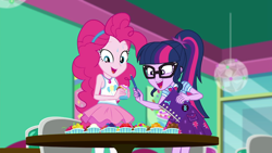 Size: 1280x720 | Tagged: safe, screencap, character:pinkie pie, character:twilight sparkle, character:twilight sparkle (scitwi), species:eqg human, episode:tip toppings, g4, my little pony:equestria girls, adorkable, clothing, cute, diapinkes, dork, double helix, froyo, frozen yogurt, geode of sugar bombs, geode of telekinesis, glasses, magical geodes, notebook, ponytail, skirt, table, tip toppings: twilight sparkle, twiabetes