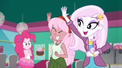 Size: 1918x1080 | Tagged: safe, screencap, character:fleur-de-lis, character:pinkie pie, episode:tip toppings, g4, my little pony:equestria girls, background human, barrette, bracelet, chair, clothing, female, fleurabetes, frozen yogurt machine, jewelry, necklace, pink hair, raised arm, raised hand, raspberry lilac, sign, sleeveless, smiling, tank top