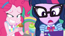 Size: 1912x1080 | Tagged: safe, screencap, character:pinkie pie, character:twilight sparkle, character:twilight sparkle (scitwi), species:eqg human, episode:tip toppings, g4, my little pony:equestria girls, bow tie, clenched teeth, duo, duo female, eager, female, froyo, frozen yogurt, geode of sugar bombs, geode of telekinesis, glasses, gritted teeth, looking at something, magical geodes, notebook, tip toppings: twilight sparkle