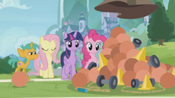 Size: 1366x768 | Tagged: safe, screencap, character:fluttershy, character:pinkie pie, character:snails, character:twilight sparkle, character:twilight sparkle (alicorn), species:alicorn, species:pony, episode:2-4-6 greaaat, ball, cone, dumbbell (object), jump rope, medicine ball, outdoors, rope, school of friendship, traffic cone