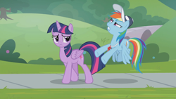 Size: 1366x768 | Tagged: safe, screencap, character:rainbow dash, character:twilight sparkle, character:twilight sparkle (alicorn), species:alicorn, species:pegasus, species:pony, episode:2-4-6 greaaat, cap, clothing, duo, female, flying, hat, mare, sidewalk, upset, walking, whistle