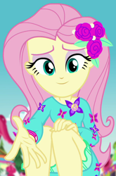 Size: 700x1060 | Tagged: safe, screencap, character:fluttershy, episode:lost and pound, g4, my little pony:equestria girls, cropped, cute, female, flower, flower in hair, geode of fauna, hand, legs, lidded eyes, magical geodes, reaching out, shyabetes