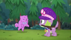 Size: 1366x768 | Tagged: safe, screencap, character:spike, character:spike (dog), species:dog, episode:lost and pound, g4, my little pony:equestria girls, clothing, cute, female, happy, hat, lost and pound: spike, male, princess thunder guts, spikabetes, spike's festival hat, stick, tail