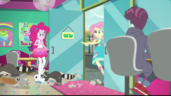 Size: 720x405 | Tagged: safe, screencap, character:angel bunny, character:fluttershy, character:ginger owlseye, character:pinkie pie, species:rabbit, episode:tip toppings, g4, my little pony:equestria girls, animal, background human, chair, clothing, female, frozen yogurt shop, geode of fauna, geode of sugar bombs, glass door, magical geodes, male, raccoon, sign, squirrel, table, this will end in chaos, this will not end well, tip toppings: fluttershy, track starr