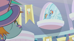 Size: 1364x766 | Tagged: safe, screencap, character:rainbow dash, character:snips, species:pony, episode:2-4-6 greaaat, banner, butt, cap, clothing, face paint, flag, hat, looking up, plot, rainbow dash's cutie mark, top hat, whistle, window