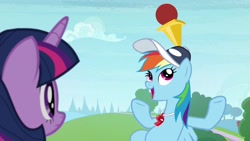 Size: 1920x1080 | Tagged: safe, screencap, character:rainbow dash, character:twilight sparkle, character:twilight sparkle (alicorn), species:alicorn, species:pony, episode:2-4-6 greaaat, ball, cap, clothing, cone, hat