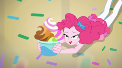 Size: 1912x1080 | Tagged: safe, screencap, character:pinkie pie, episode:tip toppings, g4, my little pony:equestria girls, clothing, cup, female, froyo, frozen yogurt, help, laying on floor, legs, pantyhose, skirt, solo