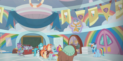 Size: 1366x684 | Tagged: safe, screencap, character:lighthoof, character:ocellus, character:rainbow dash, character:shimmy shake, character:smolder, character:snails, character:snips, character:yona, species:changedling, species:changeling, species:dragon, species:earth pony, species:pegasus, species:pony, species:reformed changeling, species:unicorn, species:yak, episode:2-4-6 greaaat, blindfold, blindfolded, cap, chest, clothing, colt, dragoness, face paint, female, flag, gym, hat, levitation, magic, magic aura, male, mare, merchandise, self-levitation, telekinesis, top hat, whistle