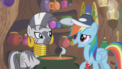 Size: 1366x768 | Tagged: safe, screencap, character:rainbow dash, character:zecora, species:pony, species:zebra, episode:2-4-6 greaaat, candle, cap, cauldron, clothing, ear piercing, earring, female, hat, jewelry, jug, mare, neck rings, piercing, quadrupedal, shelf, vessel, whistle, zecora's hut