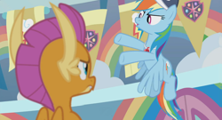 Size: 1372x742 | Tagged: safe, screencap, character:rainbow dash, character:smolder, episode:2-4-6 greaaat, banner, cap, clothing, door, flying, gym, hat, rainbow douche, upset, whistle