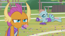 Size: 1366x768 | Tagged: safe, screencap, character:ocellus, character:smolder, species:changedling, episode:2-4-6 greaaat, cheerleader, cheerleader ocellus, cheerleader outfit, cheerleader smolder, clothing, confetti, cute, diaocelles, field, humiliated, mouthfull, outdoors, pleated skirt, pom pom, skirt, skirt lift, upset