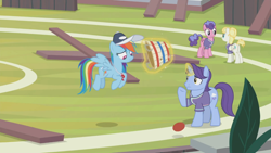 Size: 1366x768 | Tagged: safe, screencap, character:berry blend, character:berry bliss, character:november rain, character:rainbow dash, character:summer breeze, species:pony, episode:2-4-6 greaaat, ball, bucket, cap, clothing, confused, female, flying, friendship student, hat, levitation, magic, male, mare, sad, shocked, telekinesis, whistle