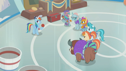 Size: 1366x766 | Tagged: safe, screencap, character:lighthoof, character:ocellus, character:rainbow dash, character:shimmy shake, character:smolder, character:snips, character:yona, species:changedling, species:changeling, species:dragon, species:earth pony, species:pegasus, species:pony, species:reformed changeling, species:yak, episode:2-4-6 greaaat, ball, banner, baseball cap, bucket, cap, cheerleader, cheerleader ocellus, cheerleader outfit, cheerleader smolder, cheerleader yona, chest, clothing, cloven hooves, coach rainbow dash, colt, dragoness, face paint, female, flag, gym, hat, male, mare, monkey swings, pleated skirt, podium, ponytail, skirt, skirt lift, technically an upskirt shot, top hat, whistle