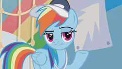 Size: 1356x768 | Tagged: safe, screencap, character:rainbow dash, species:pegasus, species:pony, episode:2-4-6 greaaat, cap, clothing, coach, coach rainbow dash, female, folded wings, gym, hat, indifferent, insensitivity, lidded eyes, lip bite, mare, rainbow douche, raised eyebrow, raised hoof, solo, whistle, wings