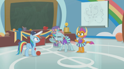 Size: 1364x766 | Tagged: safe, screencap, character:ocellus, character:rainbow dash, character:smolder, character:snips, species:changedling, species:changeling, species:dragon, species:pegasus, species:pony, species:reformed changeling, episode:2-4-6 greaaat, angry, ball, baseball cap, bucktooth, cap, chalkboard, cheerleader, cheerleader ocellus, cheerleader outfit, cheerleader smolder, chest, claws, clenched teeth, clothing, coach rainbow dash, colt, curved horn, dragoness, eyes closed, face paint, female, flag, folded wings, gym, hat, horn, horns, humiliated, male, mare, pleated skirt, rainbow, skirt, surprised, teacher and student, teenaged dragon, teenager, toes, top hat, upset, whistle, whistle necklace, wings
