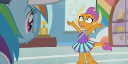 Size: 1356x686 | Tagged: safe, screencap, character:rainbow dash, character:smolder, species:dragon, species:pony, episode:2-4-6 greaaat, angry, cabinet, cap, cheerleader, cheerleader outfit, cheerleader smolder, claws, clothing, coach, coach rainbow dash, dragoness, fangs, female, folded wings, frown, gym, hat, horns, looking up, mare, open mouth, pleated skirt, raised claw, shrunken pupils, skirt, smolder is not amused, teenaged dragon, teenager, toes, trophy, unamused, whistle, wings
