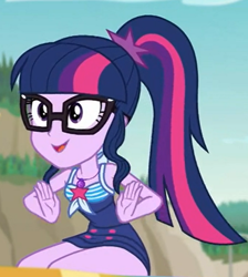 Size: 544x608 | Tagged: safe, screencap, character:twilight sparkle, character:twilight sparkle (scitwi), species:eqg human, episode:friendship math, g4, my little pony:equestria girls, clothing, cropped, geode of telekinesis, glasses, magical geodes, ponytail, sleeveless, solo, swimsuit, thighs
