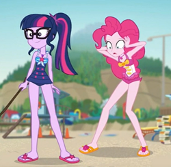Size: 592x578 | Tagged: safe, screencap, character:pinkie pie, character:twilight sparkle, character:twilight sparkle (scitwi), species:eqg human, episode:friendship math, g4, my little pony:equestria girls, clothing, duo, duo female, feet, female, geode of sugar bombs, geode of telekinesis, magical geodes, out of context, sandals, sleeveless, swimsuit