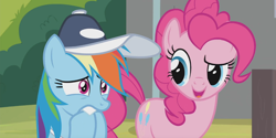 Size: 1366x684 | Tagged: safe, screencap, character:pinkie pie, character:rainbow dash, species:pony, episode:2-4-6 greaaat, biting, cap, clothing, hat, hoof biting, nervous, whistle