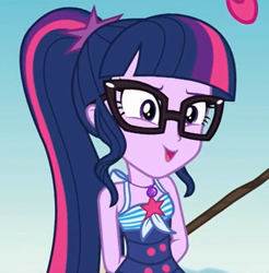 Size: 556x566 | Tagged: safe, screencap, character:twilight sparkle, character:twilight sparkle (scitwi), species:eqg human, episode:friendship math, g4, my little pony:equestria girls, clothing, cropped, cute, geode of telekinesis, magical geodes, sleeveless, solo, swimsuit, twiabetes
