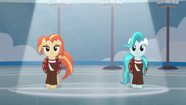 Size: 640x360 | Tagged: safe, screencap, character:lighthoof, character:ocellus, character:shimmy shake, character:yona, species:changedling, species:changeling, species:earth pony, species:pony, species:reformed changeling, species:yak, episode:2-4-6 greaaat, animated, audience, backflip, buckball field, cheerleader ocellus, cheerleader outfit, cheerleader yona, clothing, crowd, cute, female, gif, hay bale, mare, megaphone, pleated skirt, ponytail, school of friendship, shaking, skirt, spotlight, stomping, supercut, yonadorable