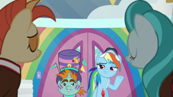 Size: 1920x1080 | Tagged: safe, screencap, character:lighthoof, character:rainbow dash, character:shimmy shake, character:snips, species:pony, episode:2-4-6 greaaat, baseball cap, cap, cheerleader, clothing, coach, coach rainbow dash, colt, eyes closed, face paint, faec, hat, male, raised eyebrow, raised hoof, school of friendship, when x just right, whistle