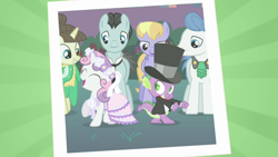 Size: 640x360 | Tagged: safe, screencap, character:bruce mane, character:cloud kicker, character:fine line, character:orion, character:spike, character:sweetie belle, species:dragon, species:pegasus, species:pony, species:unicorn, episode:a canterlot wedding, g4, my little pony: friendship is magic, clothing, cute, dancing, dress, female, filly, hat, male, mare, photo, shipping fuel, stallion, suit, top hat
