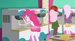 Size: 1756x956 | Tagged: safe, screencap, character:fleur-de-lis, character:pinkie pie, episode:tip toppings, g4, my little pony:equestria girls, bandana, clothing, cropped, cup, cute, diapinkes, female, food, froyo, frozen yogurt, frozen yogurt machine, frozen yogurt shop, kneesocks, pantyhose, pink hair, raspberry lilac, shorts, skirt, socks, toppings