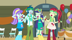 Size: 1920x1080 | Tagged: safe, screencap, character:aqua blossom, character:blueberry cake, character:captain planet, equestria girls:equestria girls, g4, my little pony:equestria girls, animation error, aqua blossom's stealth third arm, background human, balloon, blueberry cake, clothing, eyes closed, female, laughing, male, pants, rose heart, time to come together