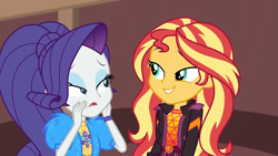 Size: 1920x1080 | Tagged: safe, screencap, character:rarity, character:sunset shimmer, episode:festival filters, g4, my little pony:equestria girls, bolero jacket, clothing, duo, duo female, eyeshadow, female, geode of empathy, geode of shielding, hands on face, jacket, lidded eyes, magical geodes, makeup, smiling