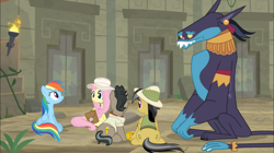 Size: 1920x1079 | Tagged: safe, screencap, character:ahuizotl, character:daring do, character:doctor caballeron, character:fluttershy, character:rainbow dash, species:earth pony, species:pegasus, species:pony, episode:daring doubt, g4, my little pony: friendship is magic, ahuidorable, ahuizotl (species), clothing, cute, female, hat, male, mare, pith helmet, saddle bag, stallion, torch
