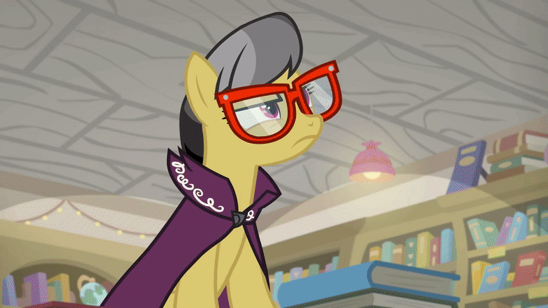 Size: 800x450 | Tagged: safe, screencap, character:a.k. yearling, character:daring do, character:peach fuzz, species:earth pony, species:pegasus, species:pony, episode:daring doubt, g4, my little pony: friendship is magic, animated, background pony, backlit, book, bookstore, cheek squish, clothing, daring do cosplay, duo, duo female, excited, fangirling, female, filly, gasp, gif, glasses, hat, in awe, mare, squishy cheeks, we don't normally wear clothes, wow