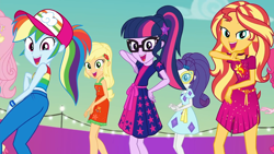 Size: 1920x1080 | Tagged: safe, screencap, character:applejack, character:fluttershy, character:pinkie pie, character:rainbow dash, character:rarity, character:sunset shimmer, character:twilight sparkle, character:twilight sparkle (scitwi), species:eqg human, episode:i'm on a yacht, g4, my little pony:equestria girls, ass, baseball cap, butt, cap, clothing, cute, dancing, dashabetes, female, geode of empathy, geode of fauna, geode of shielding, geode of super speed, geode of super strength, geode of telekinesis, glasses, happy, hat, humane five, humane seven, humane six, jackabetes, legs, looking at you, magical geodes, offscreen character, ponytail, rainbutt dash, shimmerbetes, sleeveless, smiling, sunglasses, twiabetes