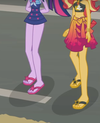 Size: 436x536 | Tagged: safe, screencap, character:sunset shimmer, character:twilight sparkle, character:twilight sparkle (scitwi), species:eqg human, episode:x marks the spot, g4, my little pony:equestria girls, bikini, clothing, duo, feet, geode of empathy, geode of telekinesis, legs, magical geodes, pictures of legs, sandals, sarong, swimsuit