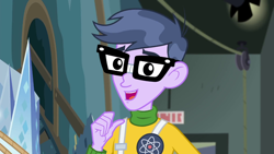 Size: 1280x720 | Tagged: safe, screencap, character:microchips, episode:all the world's off stage, g4, my little pony:equestria girls, all the world's off stage: micro chips, clothing, cyoa, glasses, male, smiling, solo