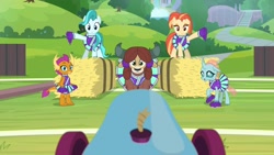 Size: 1920x1080 | Tagged: safe, screencap, character:lighthoof, character:ocellus, character:shimmy shake, character:smolder, character:yona, species:changedling, episode:2-4-6 greaaat, cheerleader, cheerleader ocellus, cheerleader outfit, cheerleader smolder, cheerleader yona, clothing, field, hay, hay bale, oh crap, oh no, outdoors, party cannon, pleated skirt, pom pom, ponytail, skirt, uh oh