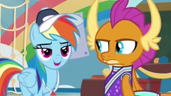 Size: 1920x1080 | Tagged: safe, screencap, character:rainbow dash, character:smolder, species:dragon, species:pony, episode:2-4-6 greaaat, cap, cheerleader outfit, cheerleader smolder, clothing, hat, smolder is not amused, unamused