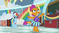 Size: 1920x1080 | Tagged: safe, screencap, character:rainbow dash, character:smolder, species:dragon, species:pegasus, species:pony, episode:2-4-6 greaaat, cap, cheerleader outfit, cheerleader smolder, claws, clothing, coach, coach rainbow dash, dragoness, female, folded wings, gym, hat, horns, mare, smolder is not amused, teenaged dragon, teenager, toes, unamused, whistle, whistle necklace, wings