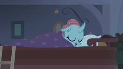 Size: 1920x1080 | Tagged: safe, screencap, character:ocellus, species:changedling, species:changeling, species:reformed changeling, episode:2-4-6 greaaat, bed, bed bug, blanket, cuddly, cute, cuteling, dawwww, diaocelles, ladder, pillow, sleeping, snoring, snug, solo, weapons-grade cute