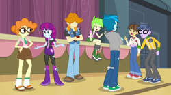 Size: 1280x714 | Tagged: safe, screencap, character:cherry crash, character:microchips, character:mystery mint, character:scribble dee, character:wiz kid, equestria girls:rainbow rocks, g4, my little pony:equestria girls, argument, background human, boots, cherry crash, clothing, converse, crossed arms, female, glasses, male, pants, sandals, shoes, sneakers, stage, thunderbass, valhallen, wiz kid