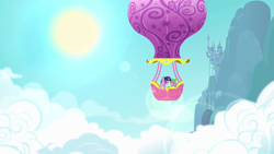 Size: 1280x720 | Tagged: safe, screencap, character:spike, character:twilight sparkle, species:dragon, species:pony, species:unicorn, canterlot, canterlot castle, cloud, cloudy, hot air balloon, intro, lens flare, opening, sky, sun, theme song, twinkling balloon