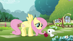 Size: 1280x720 | Tagged: safe, screencap, character:angel bunny, character:discord, character:fluttershy, species:draconequus, species:pegasus, species:pony, species:rabbit, animal, apple, bird house, fence, flower, fluttershy's cottage, food, intro, mountain, mountain range, opening, slowpoke, theme song, tree