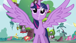 Size: 1280x720 | Tagged: safe, screencap, character:applejack, character:twilight sparkle, character:twilight sparkle (alicorn), species:alicorn, species:pony, golden oaks library, intro, looking up, opening, sparkles, spread wings, theme song, wings