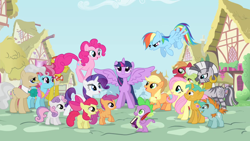Size: 1280x720 | Tagged: safe, screencap, character:apple bloom, character:applejack, character:big mcintosh, character:carrot cake, character:cup cake, character:fluttershy, character:granny smith, character:mayor mare, character:pinkie pie, character:rainbow dash, character:rarity, character:scootaloo, character:snails, character:snips, character:spike, character:sweetie belle, character:twilight sparkle, character:twilight sparkle (alicorn), character:zecora, species:alicorn, species:dragon, species:earth pony, species:pegasus, species:pony, species:unicorn, species:zebra, book, colt, cutie mark crusaders, female, filly, intro, male, mane seven, mane six, mare, opening, ponyville, quill, stallion, theme song