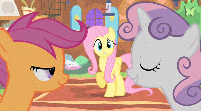 Size: 704x390 | Tagged: safe, screencap, character:angel bunny, character:apple bloom, character:fluttershy, character:scootaloo, character:sweetie belle, species:pegasus, species:pony, episode:stare master, g4, my little pony: friendship is magic, animated, close-up, cutie mark crusaders, im gonna eat ya, maw, mouth, nose in the air, uvula, yelling